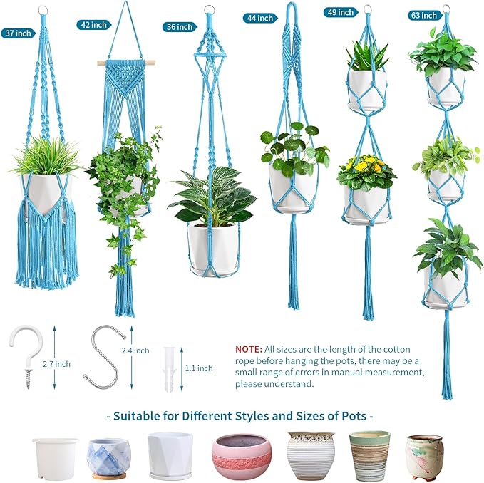 Macrame Plant Hangers, 6Pack Hanging Planters for Indoor Plants w/ 6 Set Hangers Kit Handmade Macromay Plant Hangers Indoor Flower Pots Holder Stand for Boho Home Décor (POTS NOT Included)