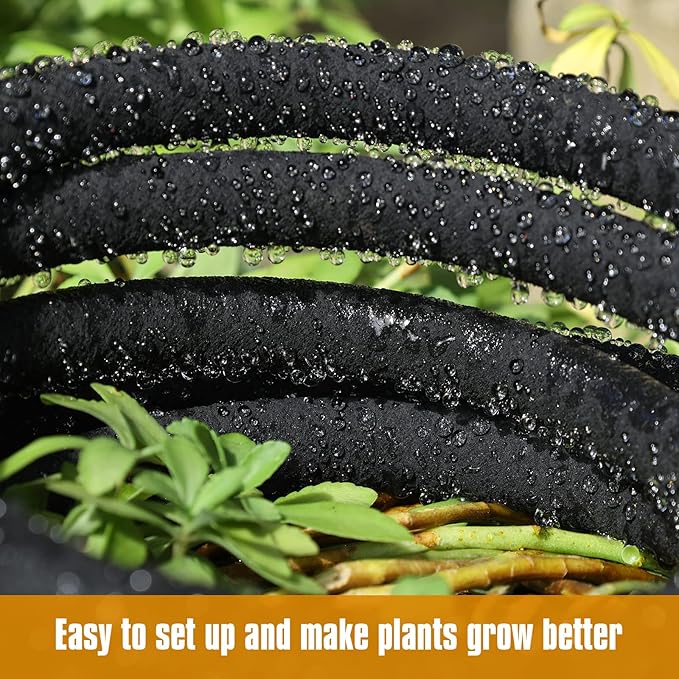 Soaker Hose 100FT 5/8" Diameter for Garden Beds Solid Brass Interface Irrigation Save 70% Water Heavy Duty Rubber Great for gardens/flower beds