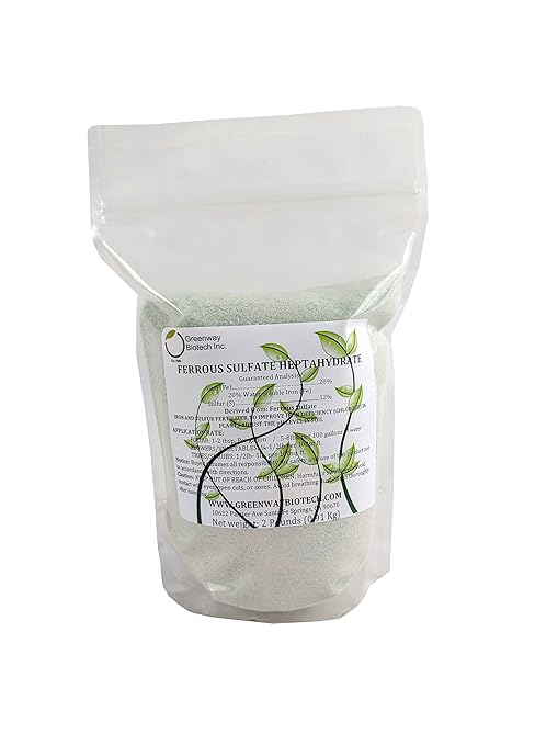 Greenway Biotech Ferrous Sulfate Heptahydrate Fertilizer Includes 20% Iron (Fe) 12% Sulfur & 100% Water Soluble Powder- Organic Lawn Fertilizer for Vegetables and Plant Growth - 2 Pounds