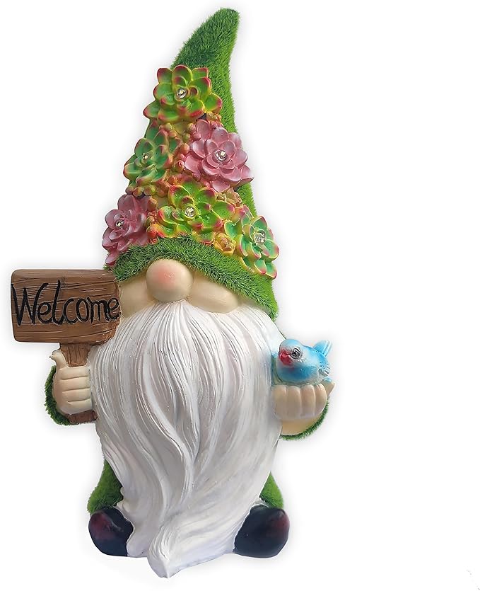 Solar Gnomes Garden Statues,Resin Gnome Figurine Holding Welcome Card and Bird with Solar Lights, Outdoor Gnomes Decorations for Yard Patio Lawn Porch, Garden Gifts