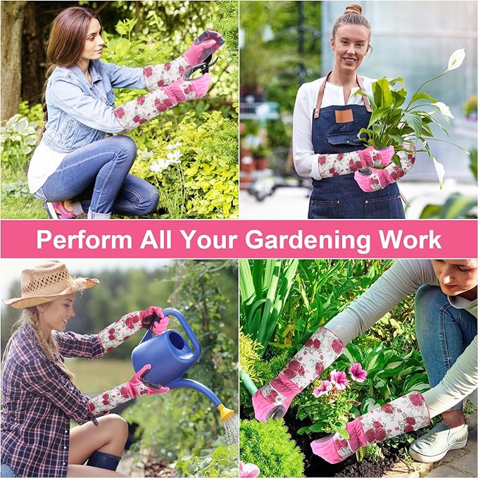 DLY Gardening Gloves for Women, Rose Gloves Gardening Thorn Proof, Long Garden Gloves for Women, Breathable & Durable Leather Gauntlet (Medium, Rose Red)