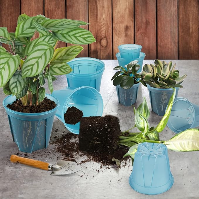 GREENPARA Blue Transparent Plastic Planter 4/5 /6 inch Plant Nursery Pots with Drainage Hole Indoor Modern Decorative Containers with 10pcs Plant Labels, 12pcs
