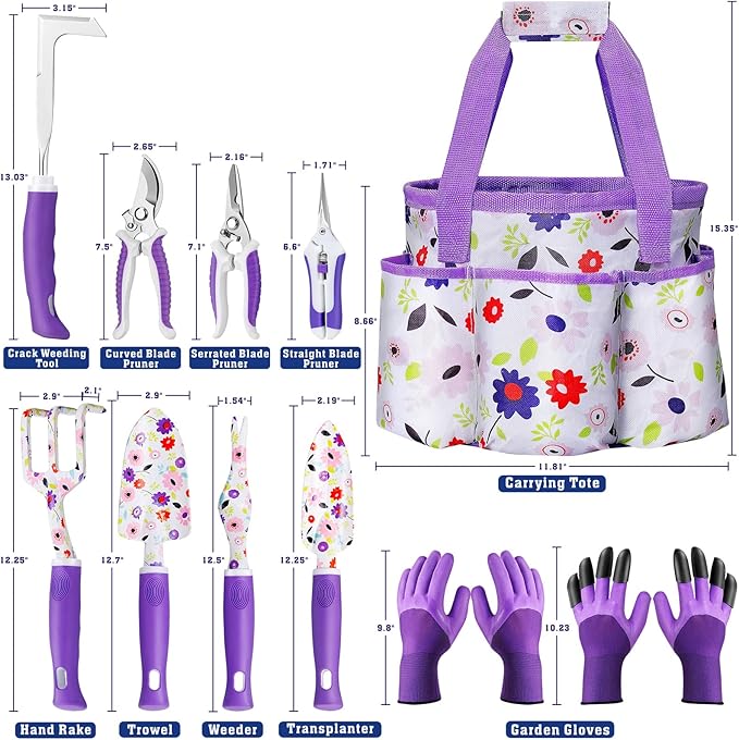 Floral Purple Garden Tool Set Gardening Gifts for Women,Garden Pruning Shears Set,Heavy Duty Gardening Tools Kit,Storage Tote Bucket Bag Organizer,Birthday Gifts for Her