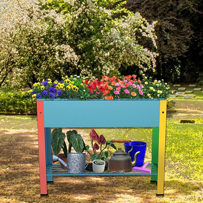 aboxoo Colorful Large Planter Raised Beds with Legs Outdoor Metal Planter Box on Wheels Elevated Garden Bed for Vegetables Flower Herb Patio