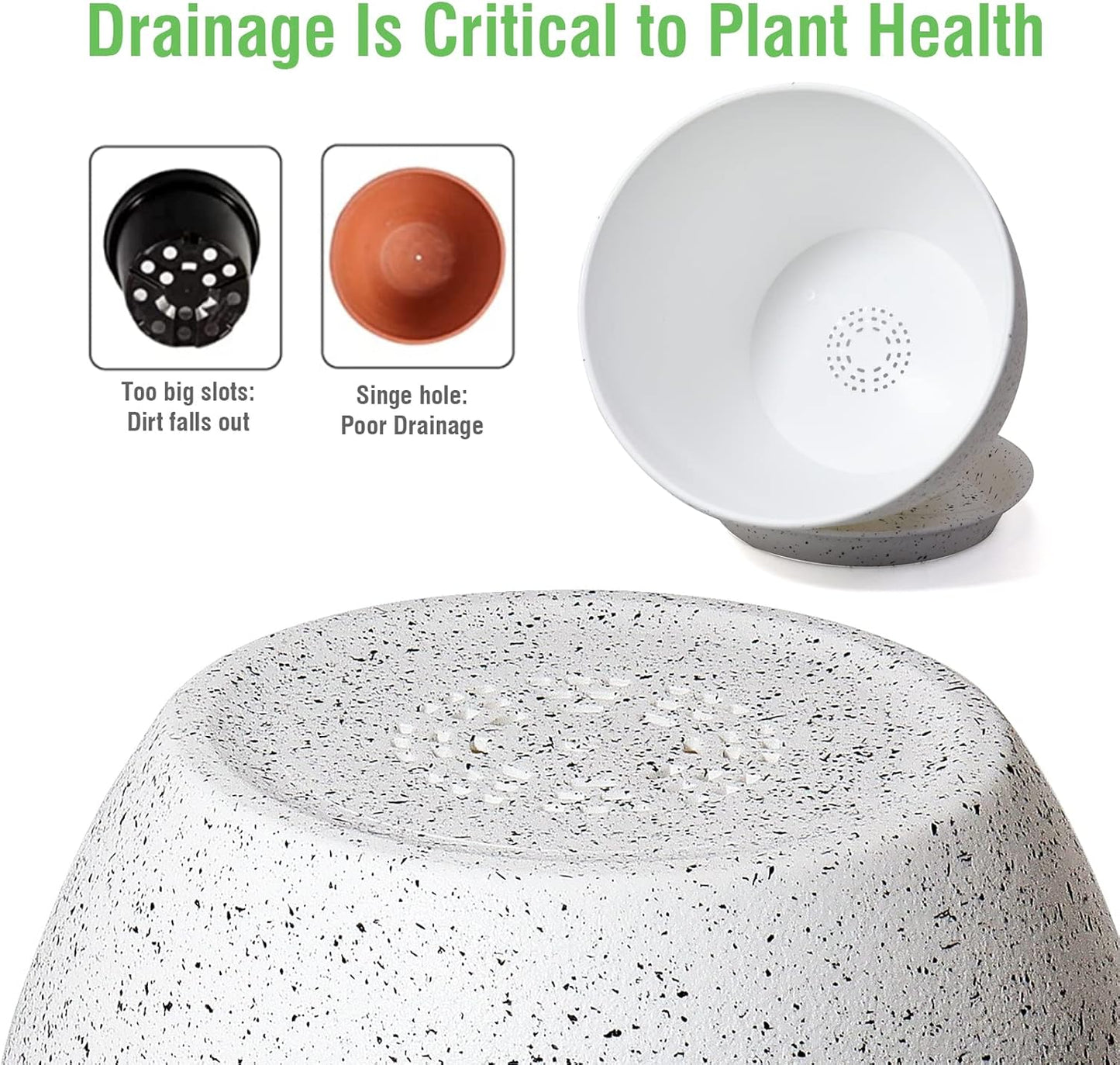 Modern Plant Pots Set, 9/8/7.5 inch Plastic Planters for Indoor Plants, Stylish Flower Pots with Drainage Holes and Saucers for House Plants and Flowers, White Speckles