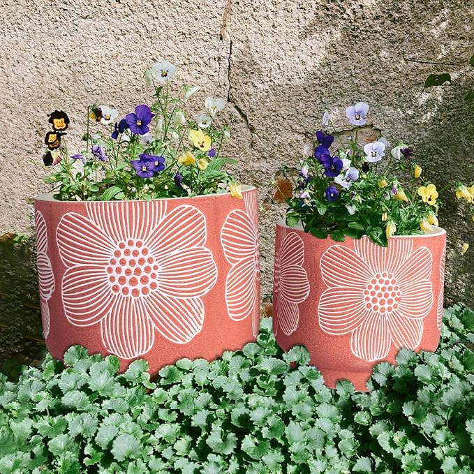 YBX 8 Inch + 6 Inch White Flower Pattern Plant Pots, Sand Glazed Ceramic Planter with Drainage Hole, Flower Pots for Indoor Plants, Red
