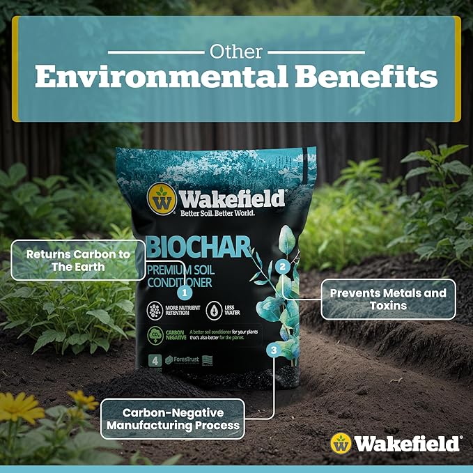 Wakefield Premium Biochar Soil Conditioner – 100% Pure Organic Biochar Soil to Boost Nutrient Retention & Water Efficiency for Houseplants, Gardens, & Lawns – 4 Quarts