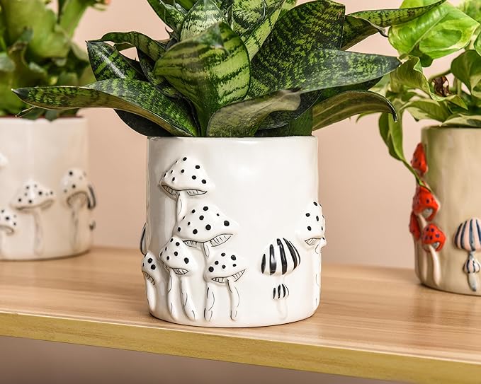 5 Inch Plant Pots Indoor, Unique Ceramic Pots for Plants with Drainage Hole, Cute Flower Pots for Indoor Plants, White Mushroom Planter Modern Decorative for Home Patio Garden