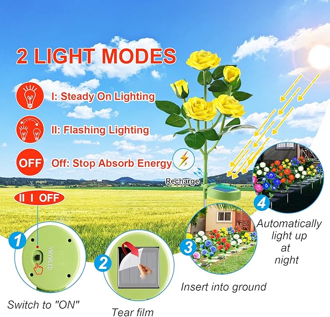 Solar Flower Lights Outdoor - Upgraded New Material Two Modes Realistic LED Solar Powered Waterproof Lights with 5 Roses, Solar Decorative Stake Lights for Garden (Yellow, 2 Pack)