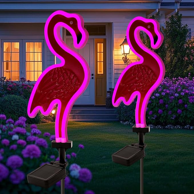 Solar Flamingo Pink Neon Light - 2Pack 42 inch Metal Garden Stake Lights, Flamingo Gifts for Women Path Lighting for Yard Lawn Patio Walkway Decor