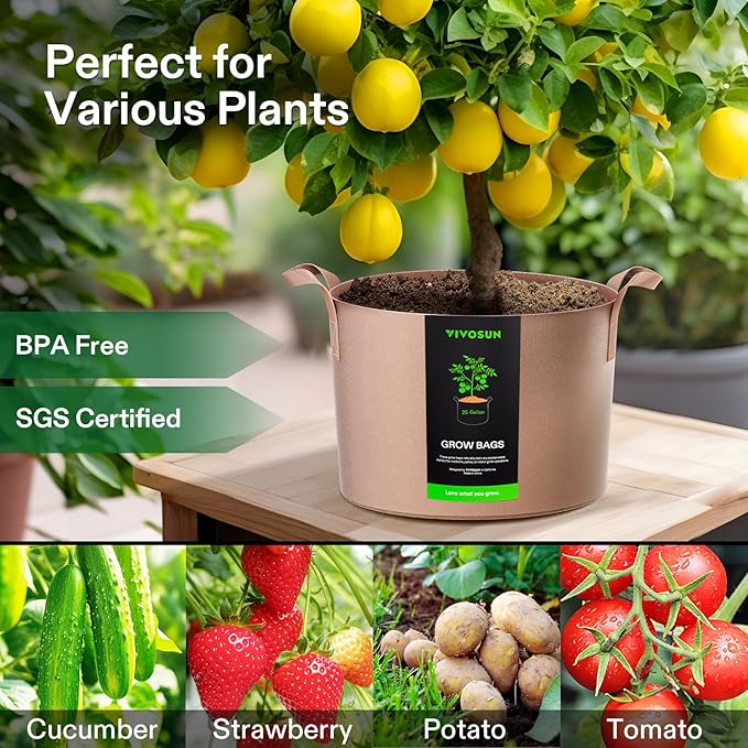 VIVOSUN 5-Pack 25 Gallons Grow Bags Heavy Duty Thickened Nonwoven Fabric Pots with Strap Handles Tan