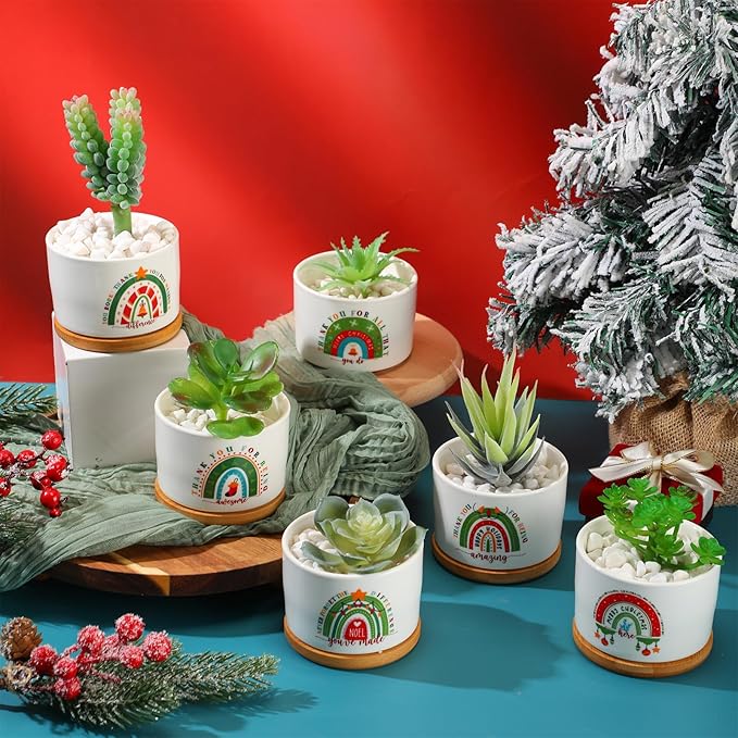 Sieral 6 Pcs Thank You Gift Appreciation Gift Succulent Pots Mini Ceramic Plant Pot with Bamboo Tray Succulent Planter for Coworker Employee Teacher School Counselor, Plants Excluded(Joyous Style)