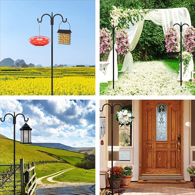 FEED GARDEN Adjustable Double Shepherds Hook for Outdoor with 5 Prong Base 92 Inch Heavy Duty Two Sided Bird Feeder Pole for Hanging Plant Baskets, Solar Light Lanterns, Wind Chimes 2 Pack