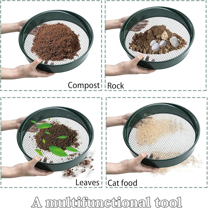 Soil Sifter - Garden Soil Sifter, Stainless Steel Riddle Sieve Set Garden Potting Sieve, with 5 Interchangeable Filter Mesh Sizes 3,6,9,12mm and Shovel, for Rocks, Dirt, Compost and Potting Soil
