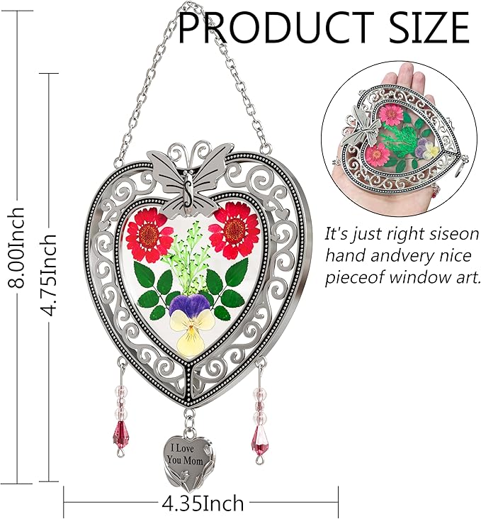 KY&BOSAM Heart Suncatcher-Stained Glass Panles I Love You Mom Sun catchers Hangings for Windows Wind Chime Ornament Mom Gifts - Gifts for Mother`s Day Valentine`s Day Birthday Christmas