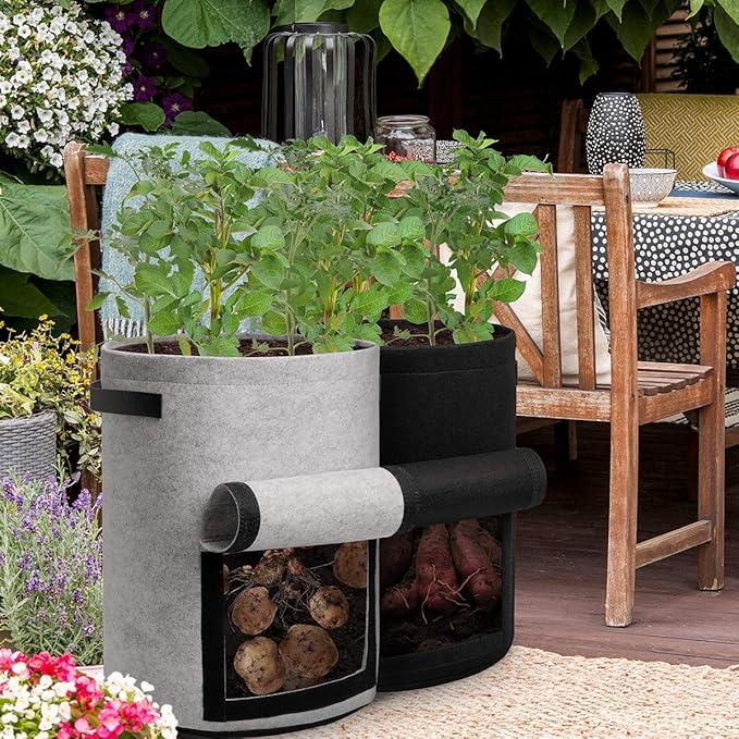 Potato Grow Bags with Flap 10 Gallon, 4 Pack Planter Pot with Handles and Harvest Window for Potato Tomato and Vegetables, Black and Gray