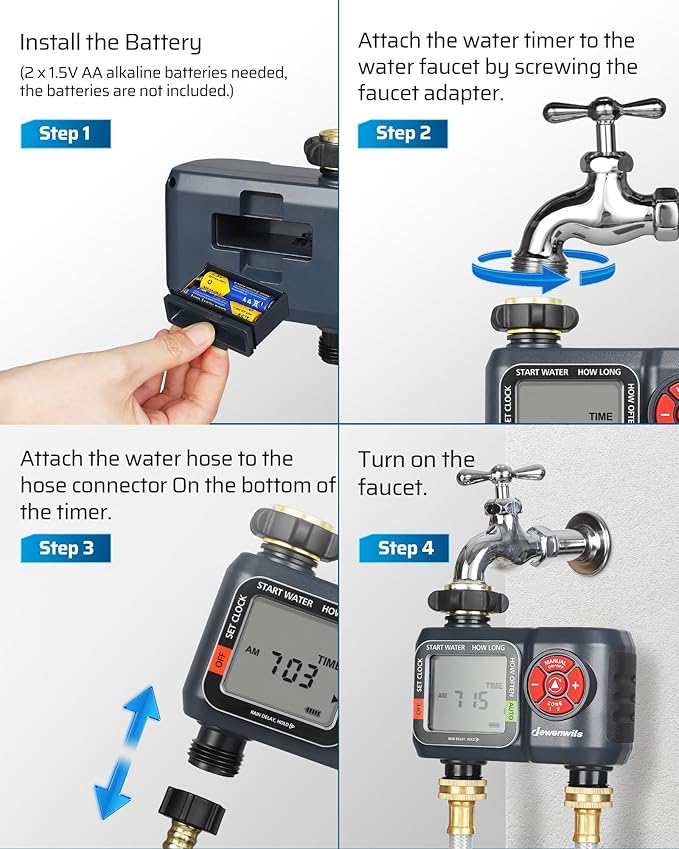 DEWENWILS Sprinkler Timer 2 Zone, Water Hose Timer with Rain Delay/Manual Watering/Automatic Irrigation Timer, Programmable Outdoor Faucet Timer for Garden, Yard, Lawn