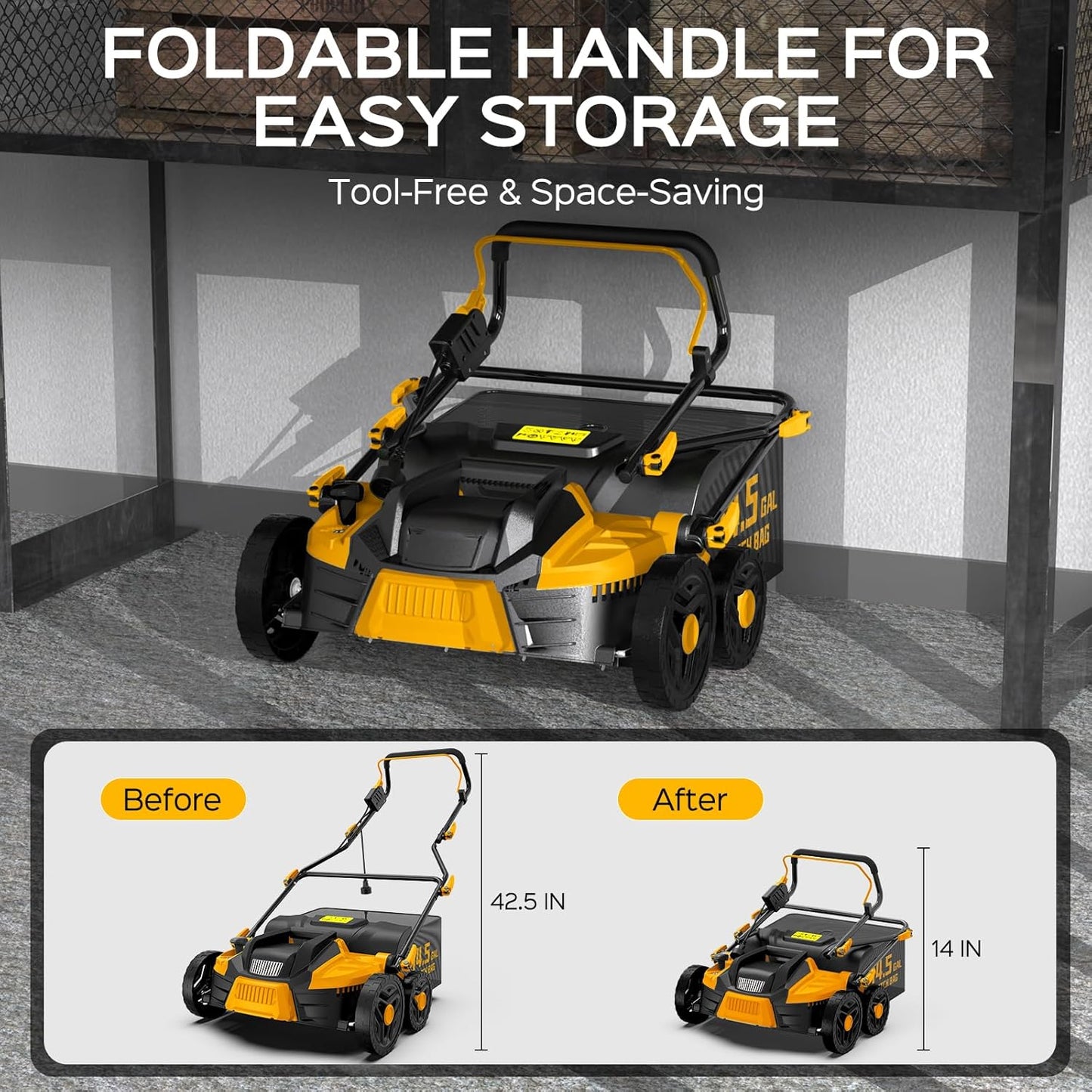 16-Inch 15.5 Amp 2-in-1 Electric Dethatcher and Scarifier, Lawn Dethatcher Rake with 14.5-Gallon Removable Thatch Bag, 5-Position Adiustment, Quick-Fold, Keeps Lawn Healthy - Yellow