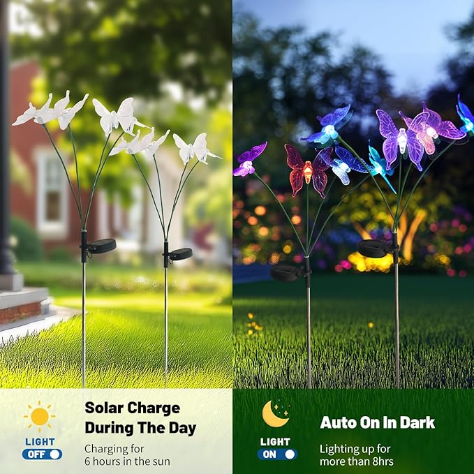 Solar Garden Lights, 2 Pack with 8 Butterfly Swaying Solar Lights Outdoor Decorations, Multi-Color Changing LED Solar Light Stakes, Solar Yard Lights for Garden Patio Lawn Yard Pathway Decor