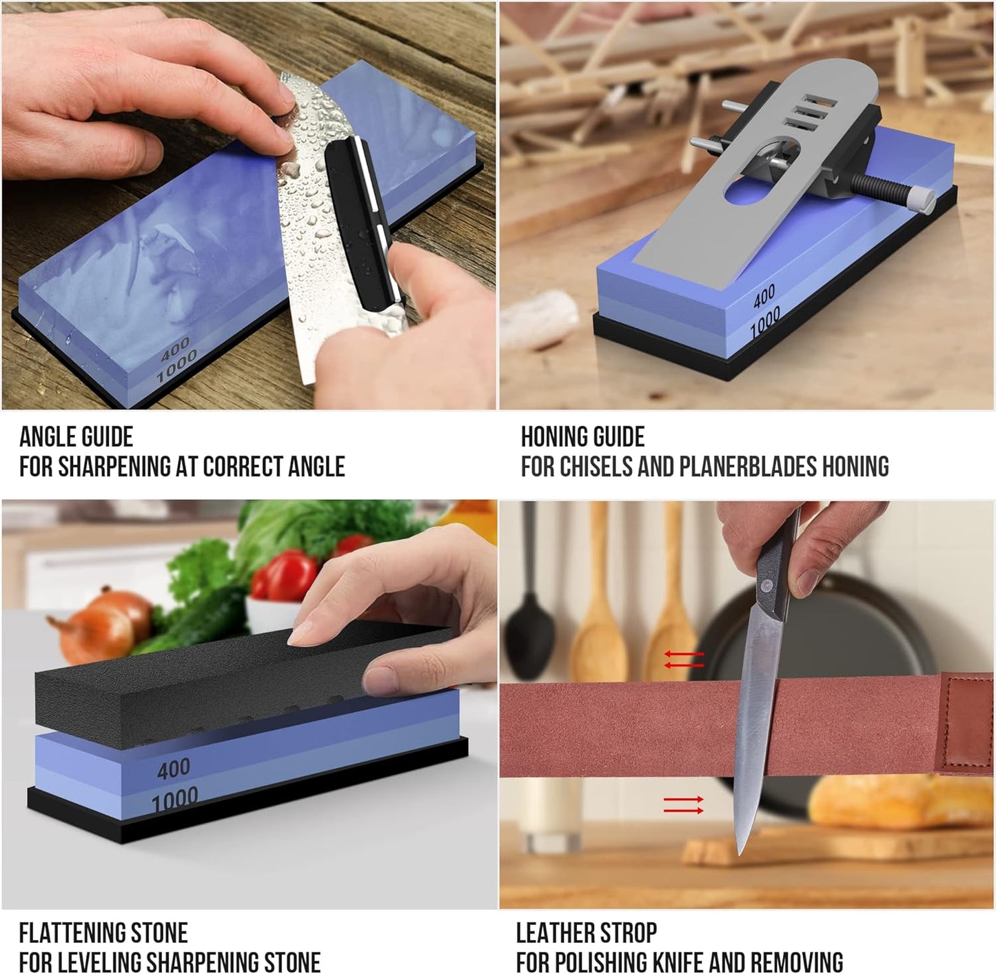 Knife Sharpening Stone Set - Premium 4 Side Grit 400/1000 3000/8000 Whetstone Sharpener Kit - Non-Slip Bamboo Base,Cut Resistant Gloves, Angle Guide,Flatting Stone,Honing Guide,Leather Strop