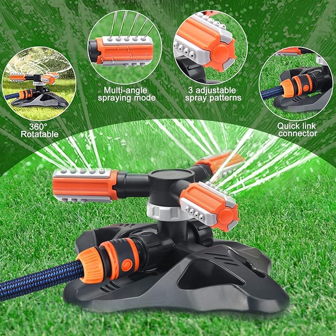 Lawn Sprinkler,Upgrade Garden Sprinkler Automatic 360 Degree Rotating Irrigation Grass Water Sprinkler System, Garden Hose Sprinkler for Yard/Built in 36 Units Angle Spray Nozzles-2Pack(Orange)