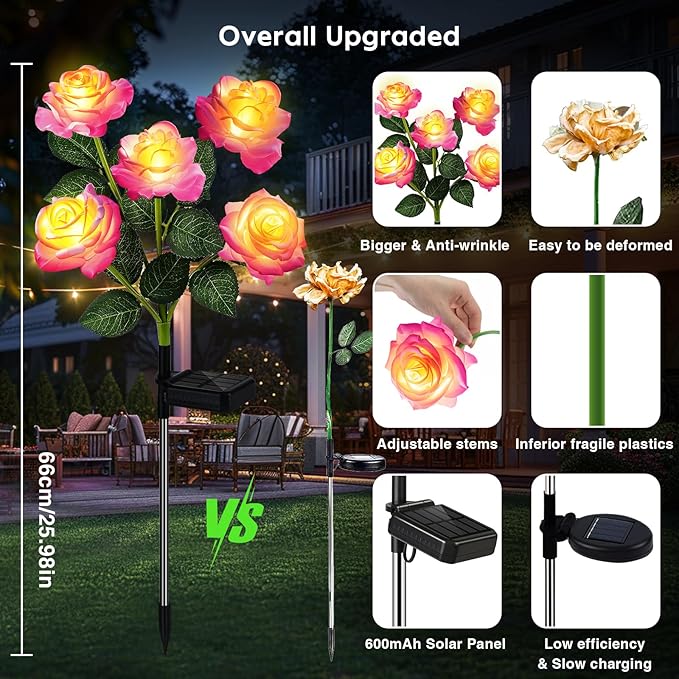 Solar Garden Lights, 6 Pack Solar Flowers Outdoor Waterproof with Rose, Garden Lights Solar Powered Waterproof, Solar Flower Lights, Solar Lights for Outside Yard Decorations Outdoor