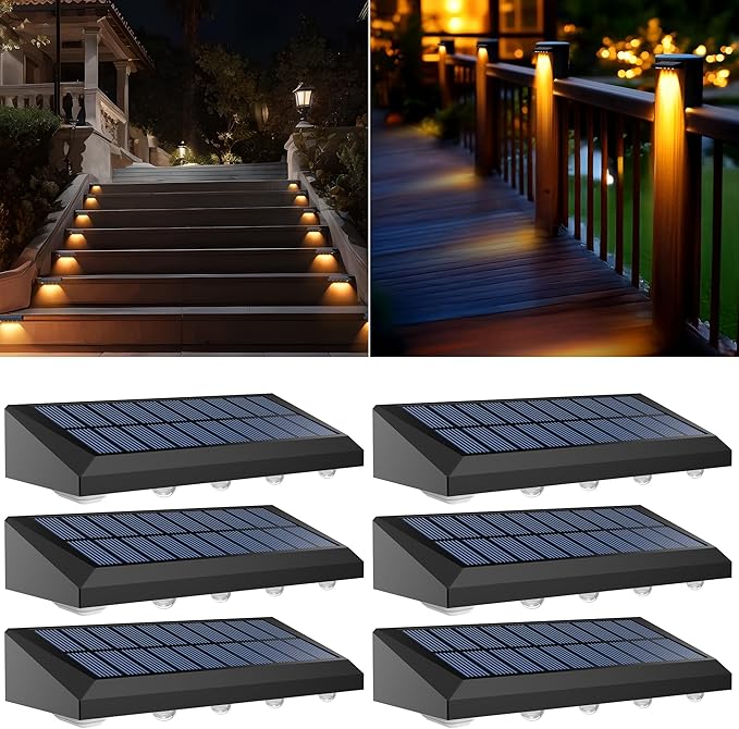 Solar Fence Lights Outdoor Waterproof IP65, 6 Pack Fence Lights Solar Powered 60 Lumens Auto On/Off Step Wall Lights Outside Decorations for Yard, Porch, Patio, Stairs, Pool, Deck, Garden- Warm Light