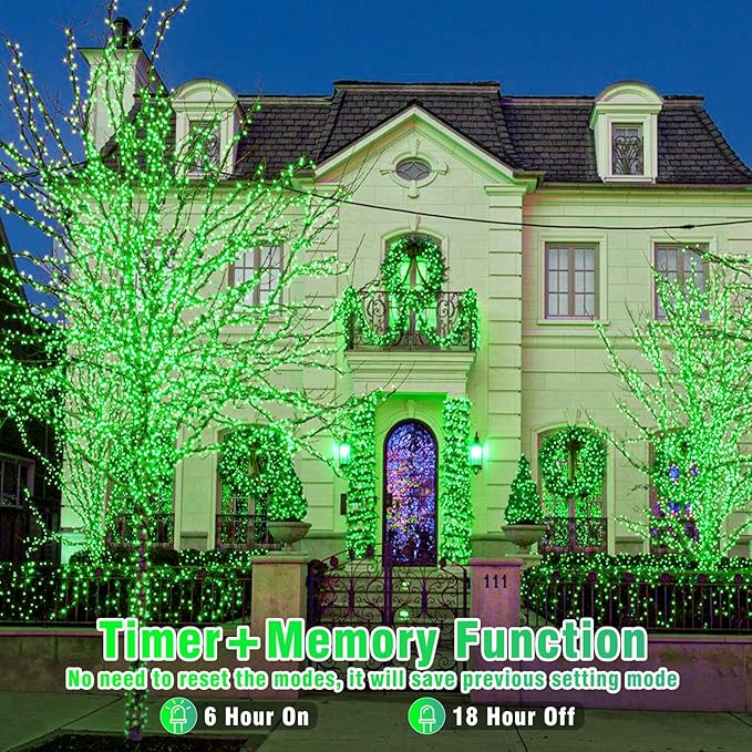 33ft 100 LED String Lights Indoor - Christmas Lights Outdoor 8 Modes Clear Wire Waterproof Plug in Twinkle Fairy Lights for Christmas St Patricks Day Decorations, Green
