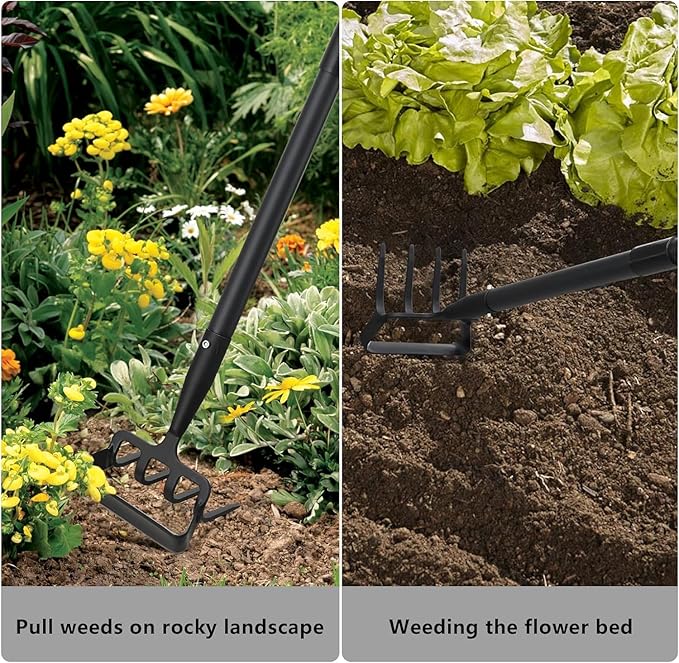 Upgraded Hula Hoe and Garden Hoe, Stirrup Hoe with Adjustable Handle for Weeding Digger loosening Soil Metal Garden Cultivator Hula Hoe with Rake Tiller Cultivator (30-73 Inch)