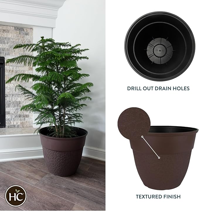 The HC Companies 16 Inch Brookhaven Decorative Round Planter - Lightweight Premium Resin Plant Pot with a Stonelike Texture for Indoor Outdoor Use, Brown