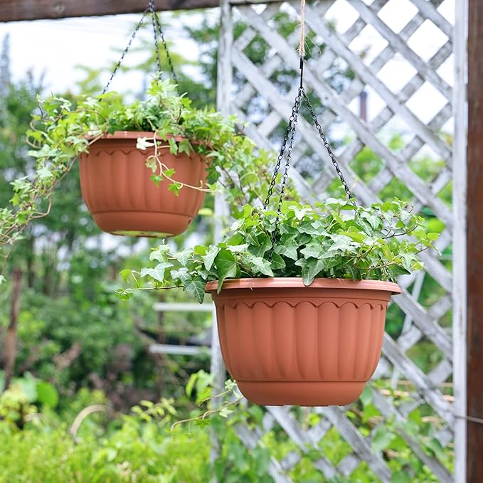 YIKUSH Hanging Planter for Indoor and Outdoor Plants 2 Pack 12 inch Flower Pot Plastic Plant Pot with Drainage Hole and Absorbing Tray(Terracotta)