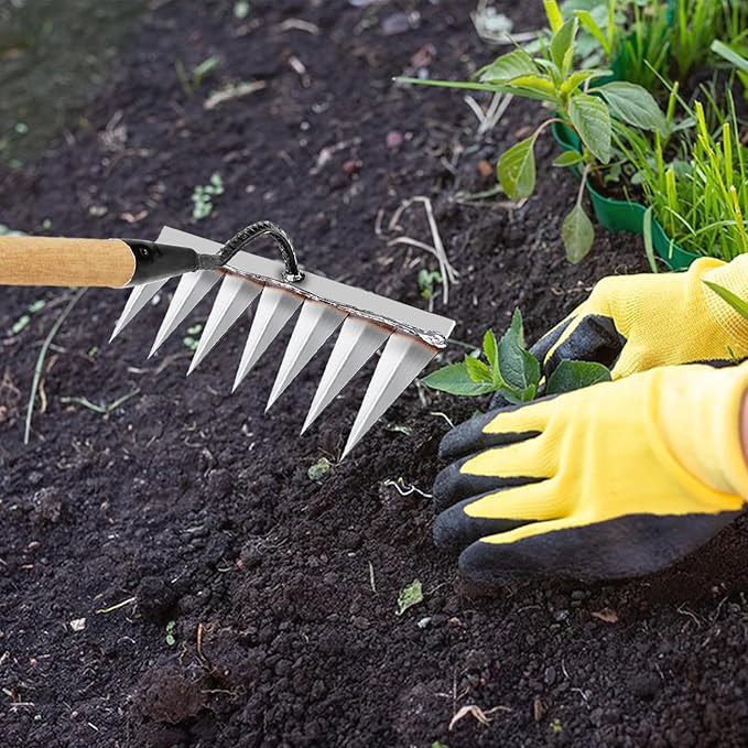 Iron Rake for Gardening and Weeding - Heavy Duty Garden Tool, Carbon Steel Hand Rake for Sturdy Dethatching, Heavy Duty Rake 7 Toothed Steel (Without Stick)