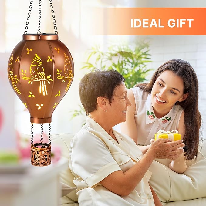 Solar Lights Outdoor Waterproof Cardinal Hot Air Balloon Metal Hanging LED Lantern Decoration Garden,Patio,Yard,Porch for Christmas Decor Gifts for Women Mom Friends