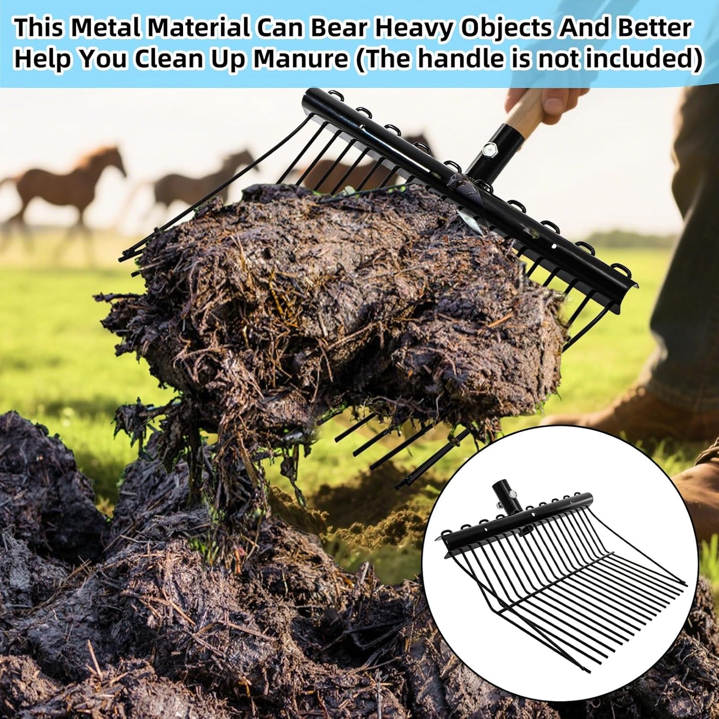 Pitch Manure Fork Head, Metal Pitch Fork for Garden, Durable Digging Fork Rake Head Replacement with Angled Tines, Stable Pitchforks Scoop for Mulch Horse Stall Picking up Hay Animal