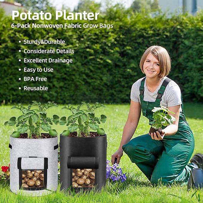 6 Pack 10 Gallon Potato Grow Bags with Flap Window, Garden Planting Bag with Durable Handle, Plant Pots for Tomato, Vegetable and Fruits
