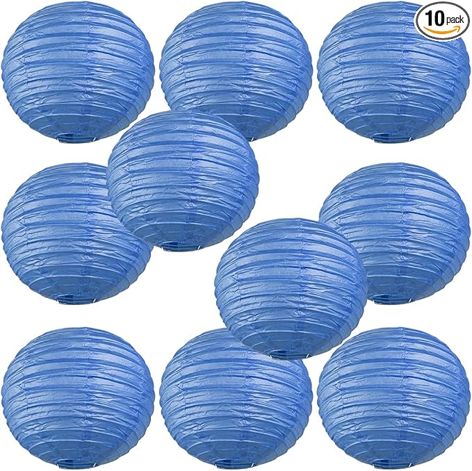 WYZworks Round Paper Lanterns 10 Pack (Flat Blue, 14") - Hanging Paper Lanterns Lamp for Wedding, Birthday, Party and Home Decorations with 8", 10", 12", 16" Option