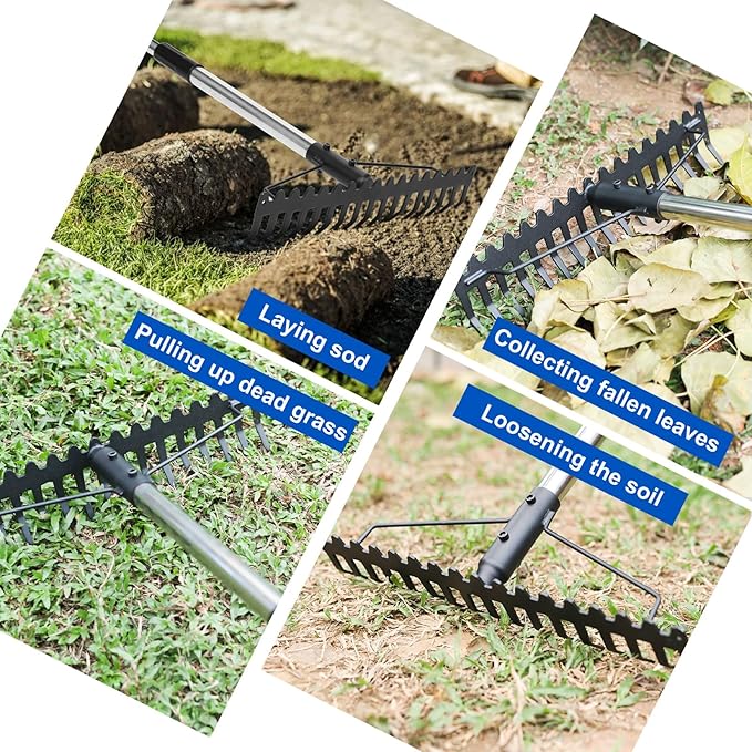 Bow Rake, Heavy Duty Garden Rake with Back-Saving Handle,17 Steel Tines Metal Head Rake Tool,for Loosening Soil Gathering Leaf Leveling Lawn Farming Land Management Yarn Thatch Rake