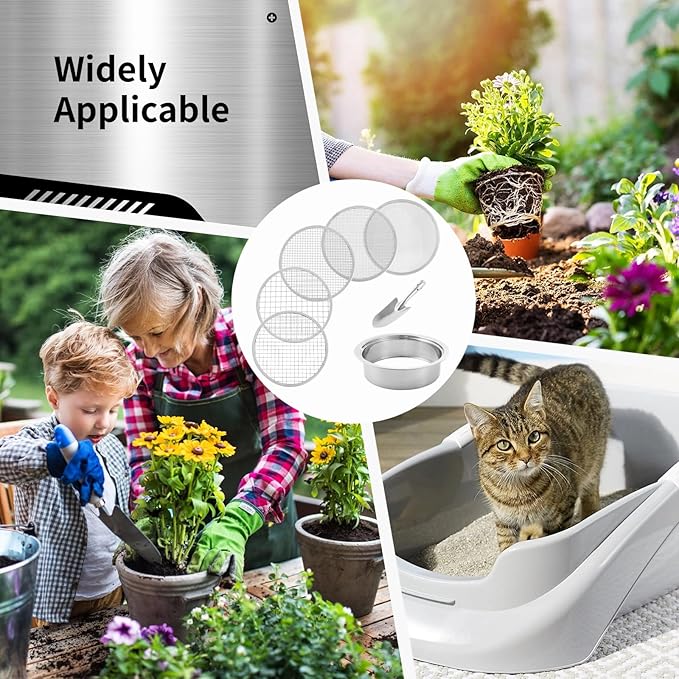 Soil Sifter Stainless Steel Riddle Sieve Set for Gardening with 5 Sizes 8" Diameter 1/3/6/9/12mm Interchangeable Meshes - Garden Potting Sieves with Shovel - Planting Soil Sifters Strains