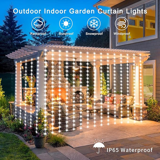 echosari Christmas Curtain Lights Solar Powered 7.9ft x 6ft 144 LED Outdoor Curtain Lights Waterproof with Timer 8 Modes for Christmas Garden Patio Fence Wedding Wall Window Gazebo Decor Cool White