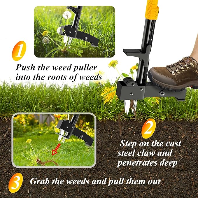 EEIEER Weed Puller Tool, 40’’ Manual Weeding Tools for Gardening, Integrated Weeds Removal Tool with 4 Claws for Lawn Yard Garden Patio
