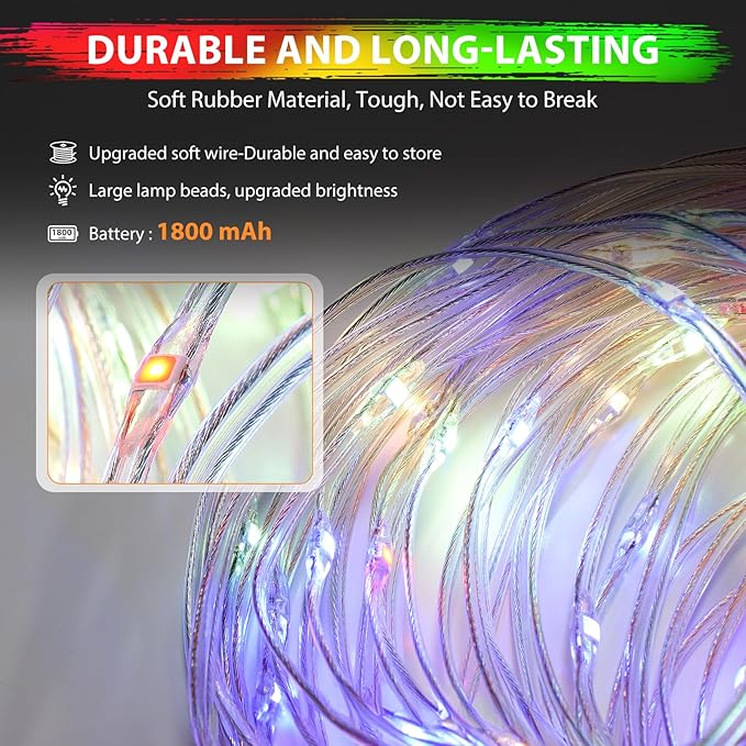 Camping String Lights, 4 in 1 Quick Storage Camping Essentials Gear 32.8FT Rechargeable Tent Lights with 9 Modes Hanging Waterproof LED Camp Lamp for Camping Hiking Patio Garden Festival -Warm +RGB