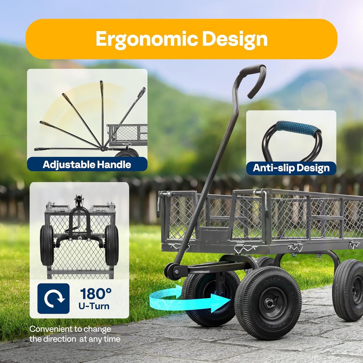 VIVOHOME Heavy Duty 880 Lbs Capacity Mesh Steel Garden Cart Folding Utility Wagon with Removable Sides and 4.10/3.50-4" Wheels 10 inch Tire (Grey)