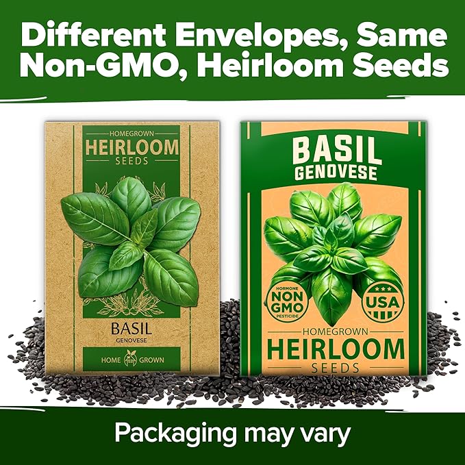 HOME GROWN Genovese Basil Seeds Pack - 1750 High Germination, Non-GMO Heirloom Seeds (Ocimum basilicum) - Perfect Herb Seeds for Planting Indoor & Outdoor Gardening - Grow Basil Plant for Culinary Use