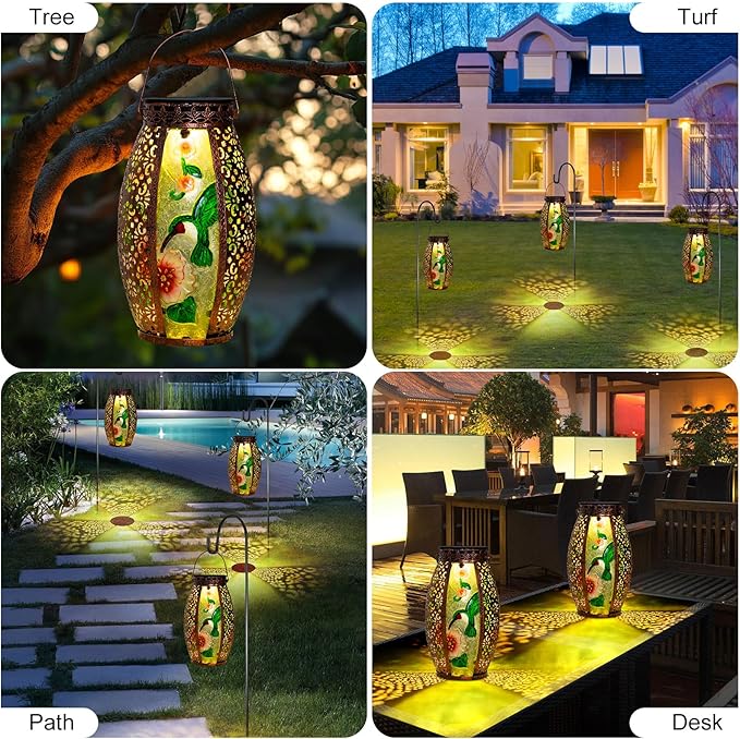 Larekook Outdoor Solar Lantern-Waterproof Hummingbird Hanging Metal Decorative Lights for Patio Table Garden Pathway Yard with Super Bright Warm White LED,Large Solar Panels,Auto On/Off Sensor