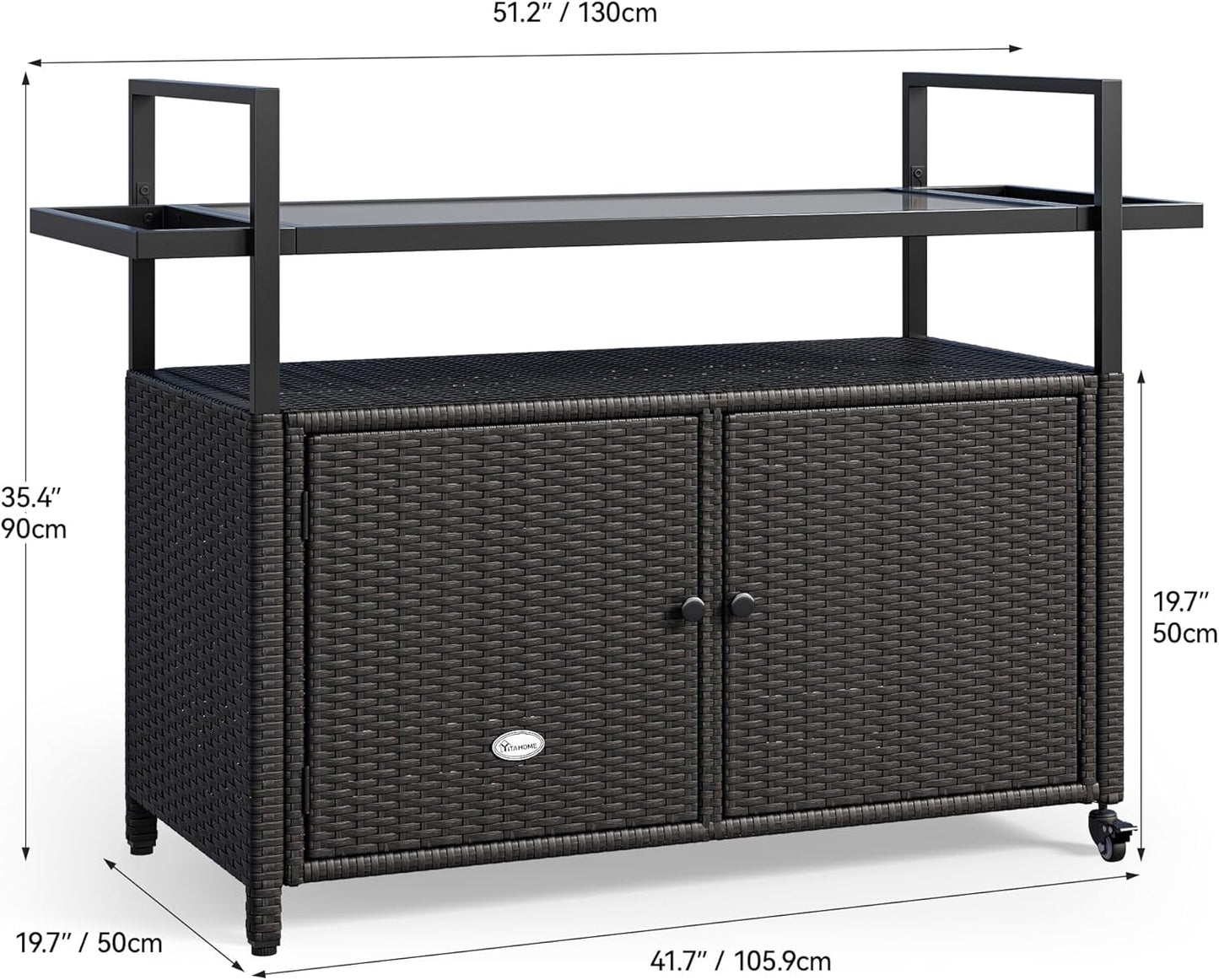 YITAHOME Large Outdoor Kitchen Wicker Island Rolling Cart, Patio Bar Table with Thickened Frame, Patio Storage Cabinet w/Wheels and Black Glass Table Top Backyard and Poolside Dark Brown