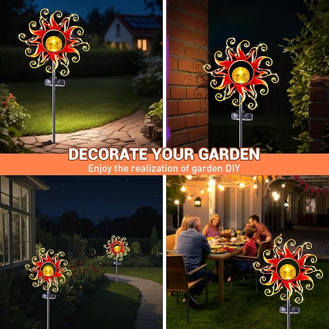 Solar Lights Outdoor Waterproof Red Sun Metal Crackle Glass Stake Decorative for Outside,Yard,Lawn,Patio,Walkway Mothers'Day Gifts Mom Grandma Garden Lover