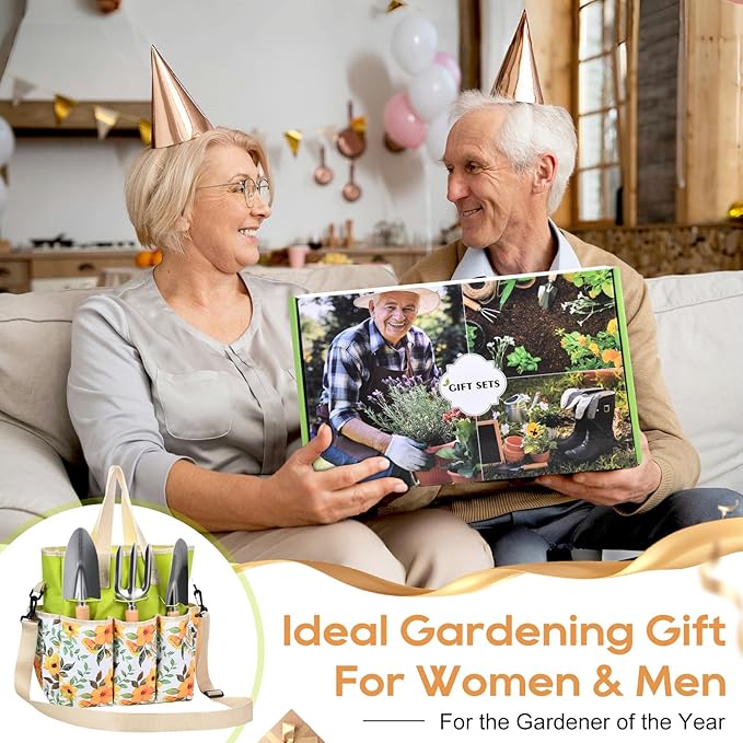 Garden Tools Set, Heavy Duty Gardening Hand Tools with Shoulder Crossbody Garden Tote Bag, Rust-Proof Garden Tools with Wood Handle, Ideal Gardening Gifts for Women Men