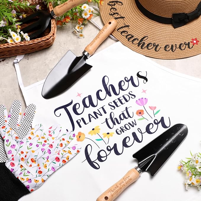 Percozzi Teacher Appreciation Gifts, Gardening Tools Kit Planting Hand Tools Straw Hat Apron Glove Women Birthday Spring Basket Plant Lovers Outdoor Yard Lawn Supplies Set of 6