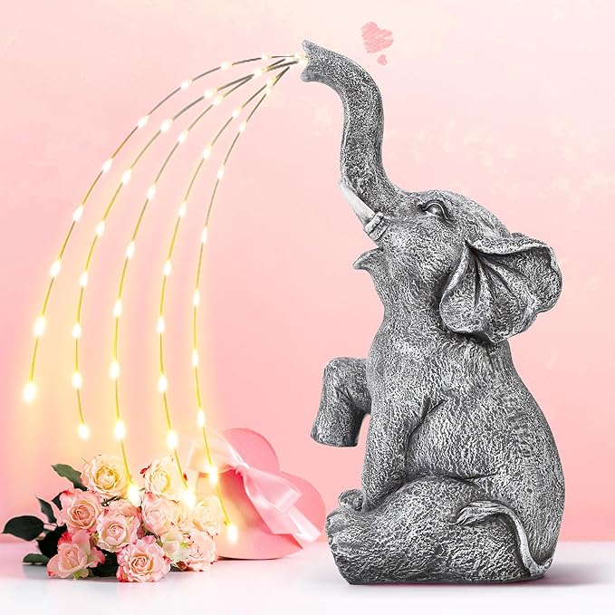 GIGALUMI Solar Garden Decor Watering Elephant Statues Outdoor, Birthday Gifts for Women Mom Grandma Senior Elder, Elephant Ornament for Balcony, Garden, Patio, Yard, Lawn (Twinkling Lights Only)