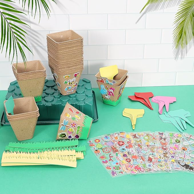 NNG 40 Set Garden Paper Pot Craft Kit,40Pcs Paper Mache Pots Peat Plant Pots with 400pcs Adhesive Foam Stickers & 40Pcs Pots Labels,Flower Plant Spring Craft for Kid DIY Flower Planting